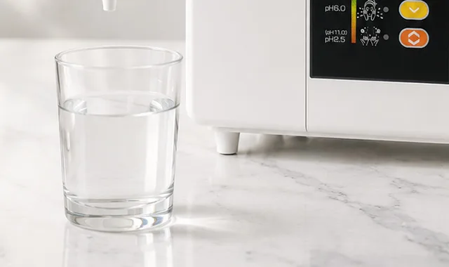 Pohár čerstvej Kangen Water vedľa SD501DX